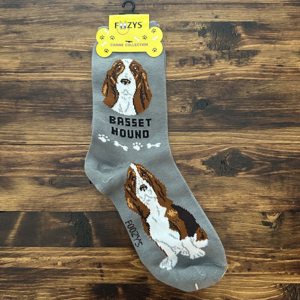 NWT Foozys Gray Basset Hound Print Bone Pattern Women's Socks One Size